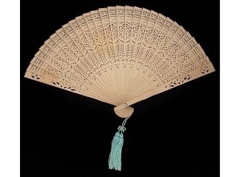 Vintage Japanese Wooden Folding Fan W/ Blight Blue Tassels & Case