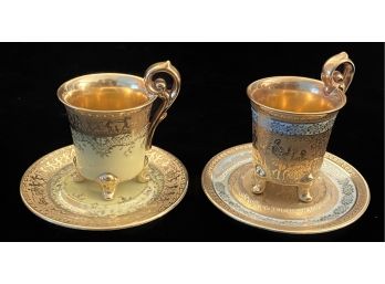 2 Beautiful 1921 Gold Fine DW Porzellan Karlsbader Wertarbeit Tea Cups & Saucers