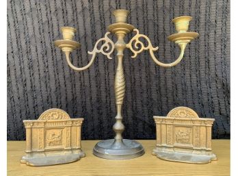One Brass Candelabra  And 2 Book Ends
