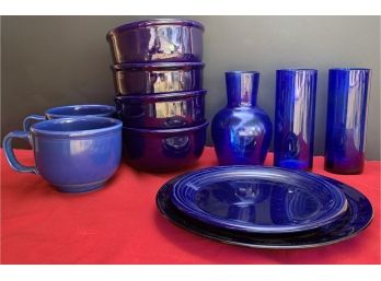 Lot Of 11 Blue Glassware And Pottery