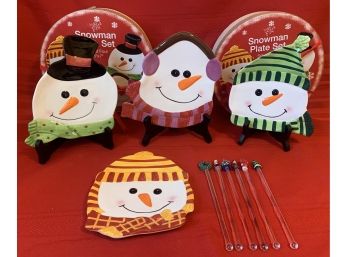 8 Collectible Snowman Plates In Fun Round Boxes W Christmas Drink Stirrers.