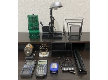 Assorted Lot Of Office Supplies Incl. Calculators, Desk Station Lamp, & More