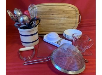 A Group Of Kitchen Items Inc. A Heavy Duty Butcher Block Cutting Board, Crock, Mandolin By P.C & More