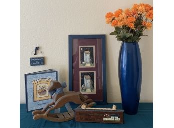 Home Decor Inc. A Lovely Blue Vase, Wooden Rocking Horse, A Keepsake Grandmother Book And More
