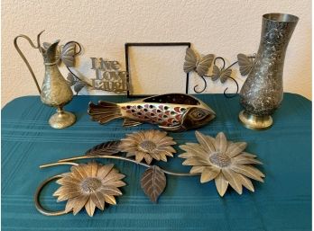 A Group Of VTG Brass Home Decor Inc. Etched Vases, Fish Candle Holder And More