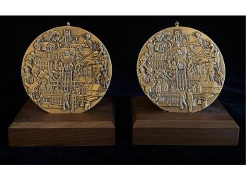 2 Concordia University Nebraska Class Of 1961 Commemorative Brass Medals On Wood Stands