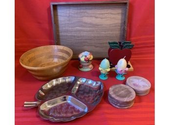 Wooden Crate And Barrel Tray, Metal Apple Napkin Holder, Coasters And More