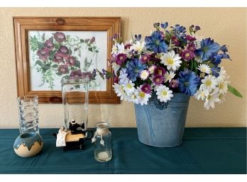 Home Decor Incl. Faux Flowers In A Tin Pail, Floral Print, Glass Vases And More.