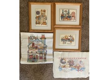 An Adorable Collection Of Cross Stitch Pieces. 2 Need Frames.