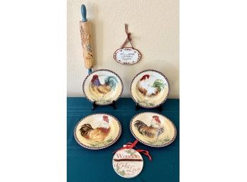 4 Rooster Plates By Sakura, A Hand Painted  Rolling Pin Wall Hanging And More