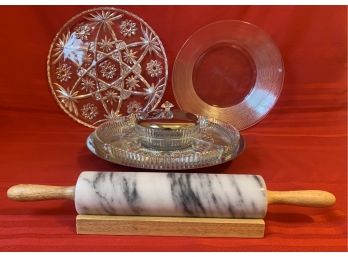 A Beautiful Silver Toned & Cut Glass Relish Tray On A Turntable W A Marble Rolling Pin & More.