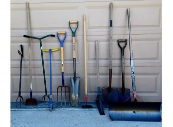 Large Lot Of Tools Incl Shovel, Plow, Spading Fork Handle, & More