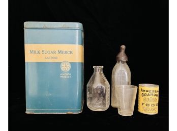 Antique Baby Formula/Feeding Lot With Merck Tin, Bottles & More