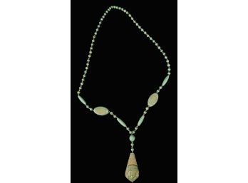 Green Colored Stone Egyptian Style Necklace With Carved Pendant 15'