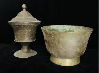 Antique  Brass Bowl & Engraved Metal Jar With Lid