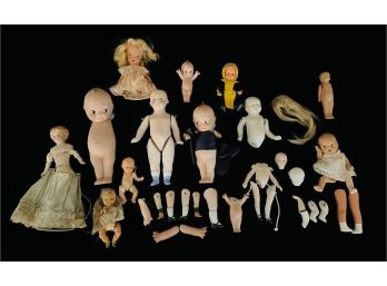 Antique Porcelain Doll & Doll Parts With Kewpie Doll & More