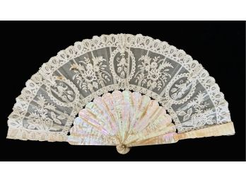 Beautiful Antique 1870 MOP & Lace Fan-With Rose Gold Plaque Some Stains