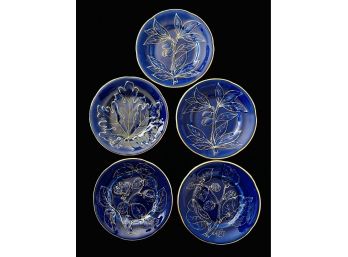 5 Vintage Cobalt Blue & Gold Plates With Leaf Designs 7.5'