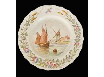 Antique 1735 HP French Porcelain Plate Marked Sceaux-Ocean Side Village & Boat Scene