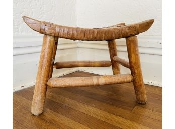Rustic Antique Wood Stool With Rush Seat