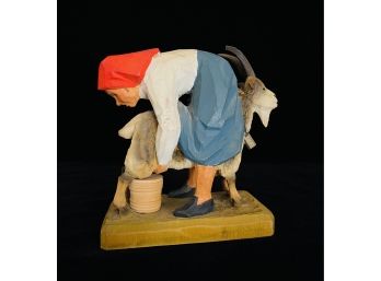 Vintage European Carved Wood Figurine-Woman Milking Goat