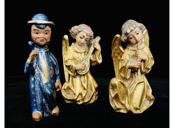 Vintage Gold Tone Angel Figures With Mexican Clay Figure