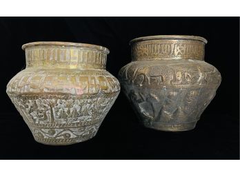 2 Egyptian Embossed & Etched Copper Planters