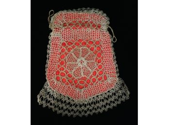 Antique Hand Crocheted Red Lined Silk Purse