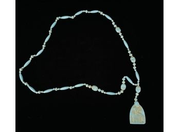 Turquoise Colored Egyptian Style Necklace With Carved Pendant 19'