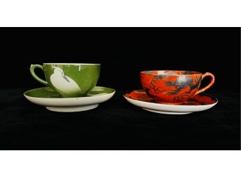 2 Vintage Japanese Cups & Saucers 1 With Red Dragon