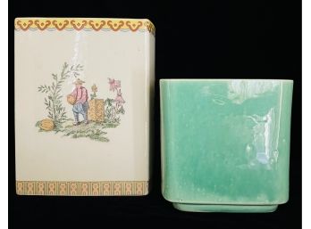 2 Vintage Rectangular Vases With 1 Asian Porcelain & 1 Van Howe Green