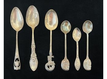 3 Sterling Silver Souvenir Spoons- With 2 Plated Spoons  1.5 Oz