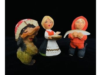 3 Carved Wood Figurines