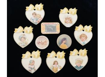 3 Small Antique Advertising Mirrors & Heart Shaped Cards