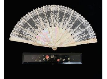 Gorgeous Antique MOP & Lace Fan With Black Inlayed Lacquer Box