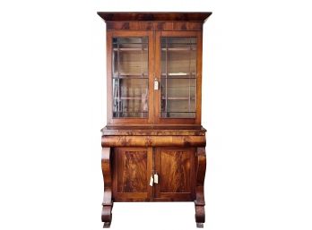 Antique Empire Mahogany & Rosewood Veneer 2 Piece Cabinet With GlassDoor Top & Storage Doors On Bottom