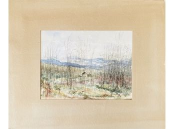 Antique Signed Original  Watercolor Painting-Mountain View With Cabin