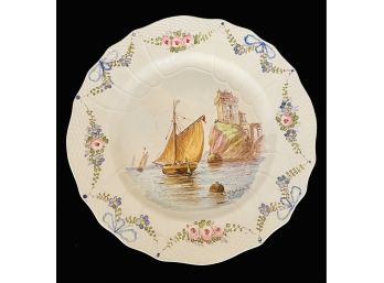 Antique 1735 HP French Porcelain Plate Marked Sceaux-Sail Boat & Castle On Hill Scene