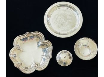 4 Silver Plate Serving Pieces With Large Clover Leaf Shaped Bowl 12' & Lidded Glass Dish