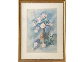 Antique 1895 Watercolor Painting Still Life Roses In Vase By Elizabeth Spalding