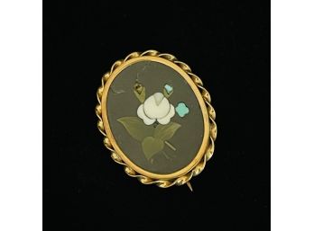 Antique Gold Tone Brooch With Inlayed Onyx & Flower Detail