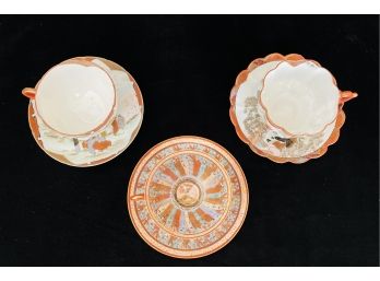 3 Antique 19th Century Japanese Katami Porcelain Demi-Tasse Cups With Saucers