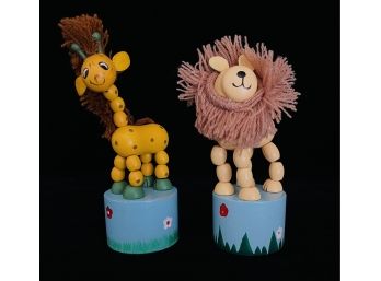 2 Vintage Push Button Movement Wood German Toys Giraffe & Lion
