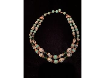 Vintage Turquoise And Jade Like Stone Double Strand Necklace