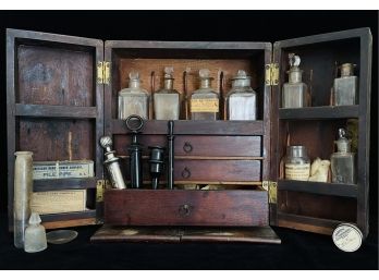 Amazing Attic Find-Antique Portable Medicine Chest With Doors & Handle Has Bottles, Medical Implements & More