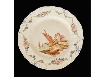 Antique 1735 HP French Porcelain Plate Marked Sceaux- Boat Ion Shore Scene