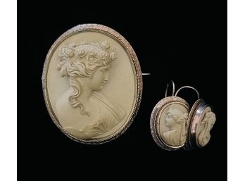 Antique 14k-Tested Hand Carved Cameo Set With Brooch & Dangle Earrings