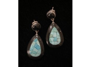 Black Stone Inlaid With Turquoise .925 Sterling Silver Drop Earrings