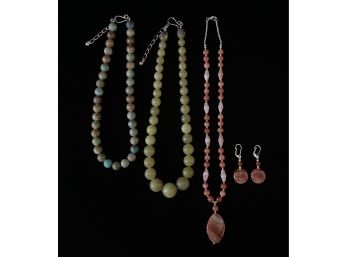 Trio Of Semi Precious Stone Necklaces With Sterling Silver Findings 2 Green And 1 Peach