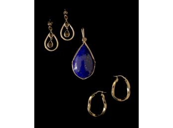 Assortment Of Gold Toned Jewelry, Including A Lapis Lazuli Pendant